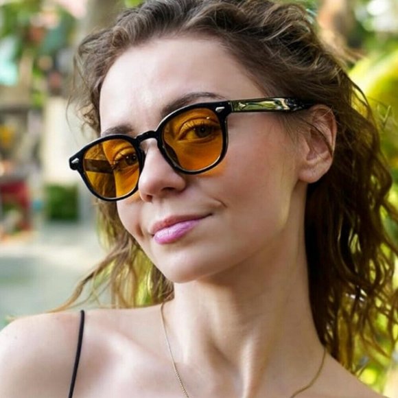 Men Women Trendy Orange Lens Black Frame Circle Beach Shades Round Sunglasses - Picture 2 of 8